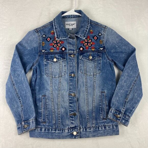 Velvet Heart Denim Jacket Womens Extra Small Blue Embroidered Pockets Casual - Picture 1 of 10